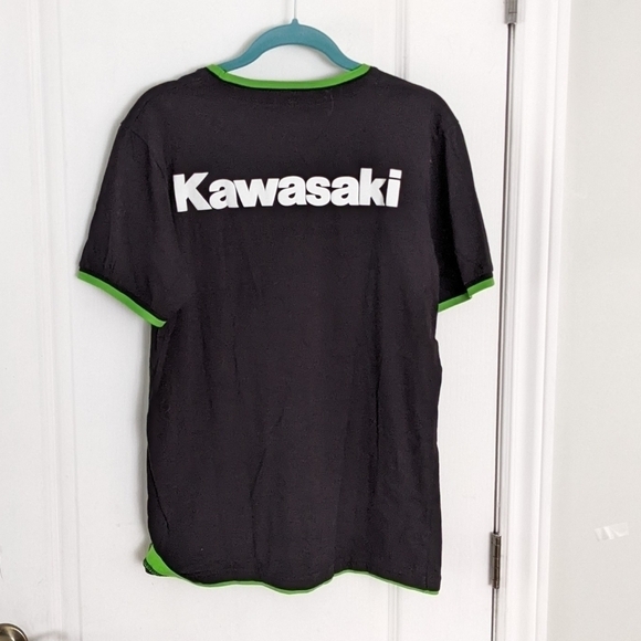 KAWASAKI black t-shirt logo printed greem collar size Medium Large M2 - Picture 2 of 7